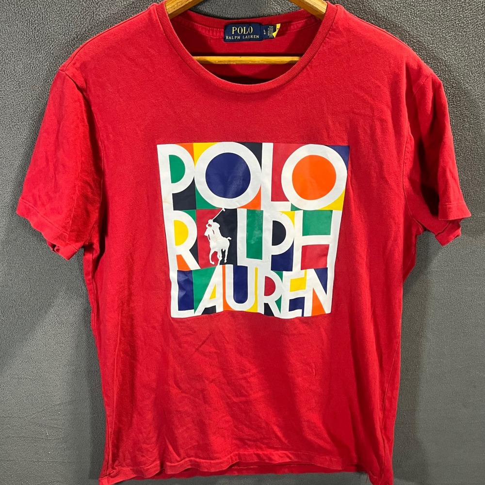 Polo Ralph Lauren Mens Red Graphic T-Shirt Colorblock Logo Size Large